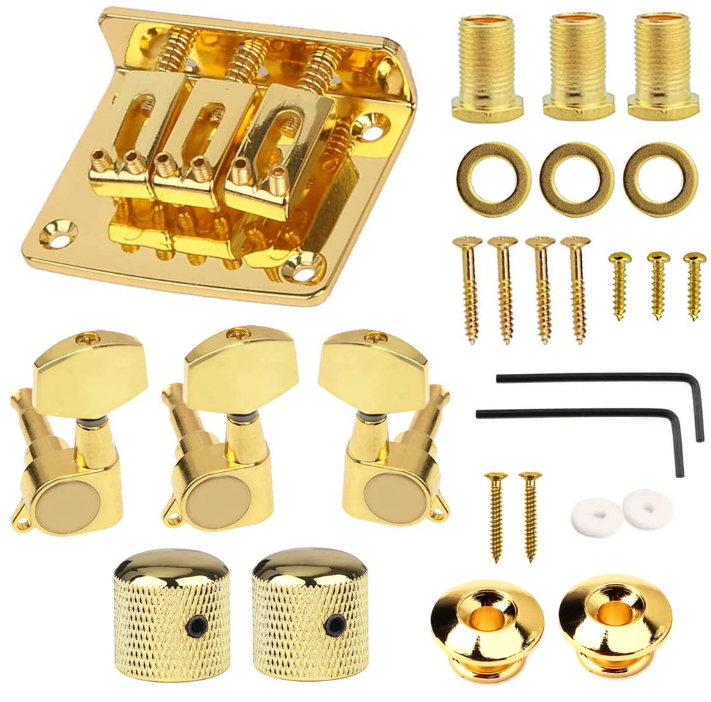 Complete 3 String Box Guitar Replacement Part inclued Saddle Bridge Tuning Pegs Keys Control Knobs Strap Locks Screws Washers Gold-plated