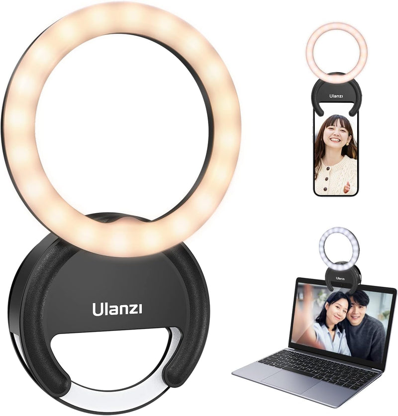 Selfie Ring Light, Ulanzi Rechargeable Selfie Fill Light, 3000-6500K Portable Clip-on Phone LED Ring Light with 40 LEDs for Phone, Laptop, Zoom Meeting, Make up, Camera Video, Video Recording(Black) Black