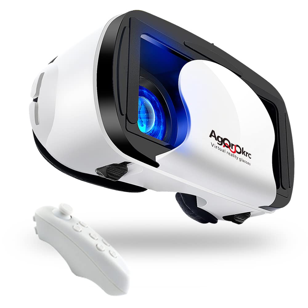 VR Headset with Controller Adjustable 3D VR Glasses Virtual Reality Headset HD Blu-ray Eye Protected Support 5~7 Inch for Phone/Android White VR-White