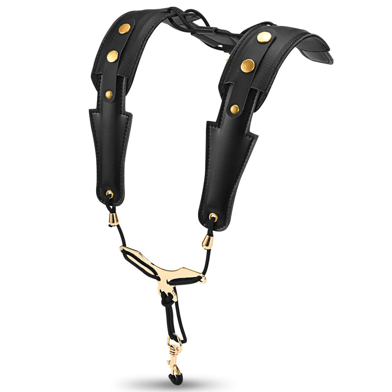 Saxophone Shoulder Strap, Double Shoulder Leather Adjustable Sax Strap with Metal Beam & Sturdy Adjuster, Reduce Neck Stress, Good Comfort, for Alto/Tenor/Baritone/Soprano Saxophone