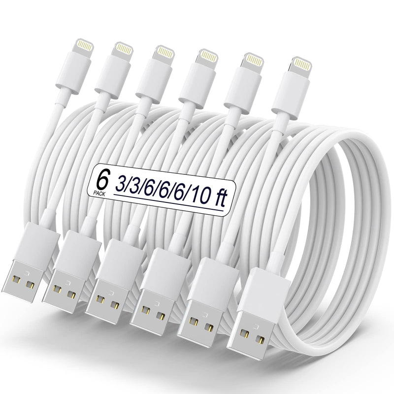iPhone Charger[Apple MFi Certified] 6Pack（3/3/6/6/6/10 FT） Lightning Cable Power Fast Charging Cord Cable Compatible iPhone 14/13 /12/11 Pro MAX/XR/XS/8/7/Plus/6S/SE/iPad(White)