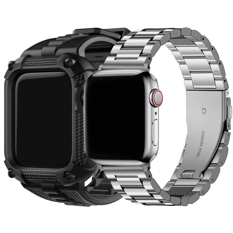 Fullmosa Compatible Apple Watch Silicone Rubber Band 40mm with Screen Protector,Black & Compatible Stainless Steel Apple Watch Band 40mm Blue with case