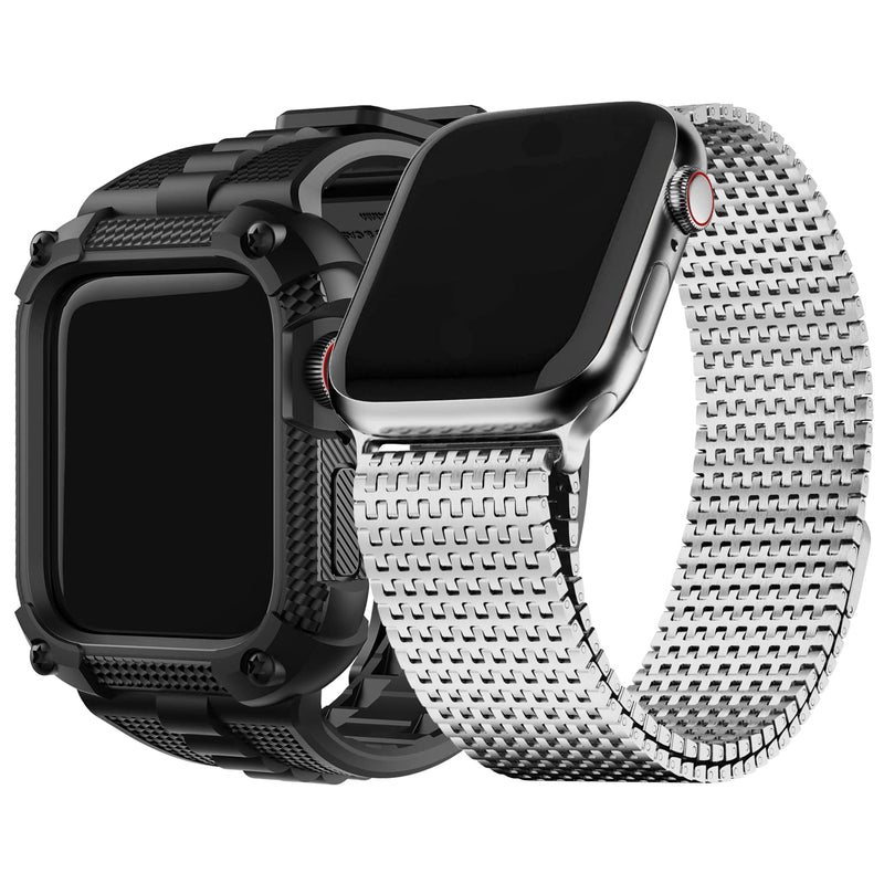 Fullmosa Compatible Stainless Steel Apple Watch Band 40mm Black with case & Compatible Leather Apple Watch Band 40mm Silver