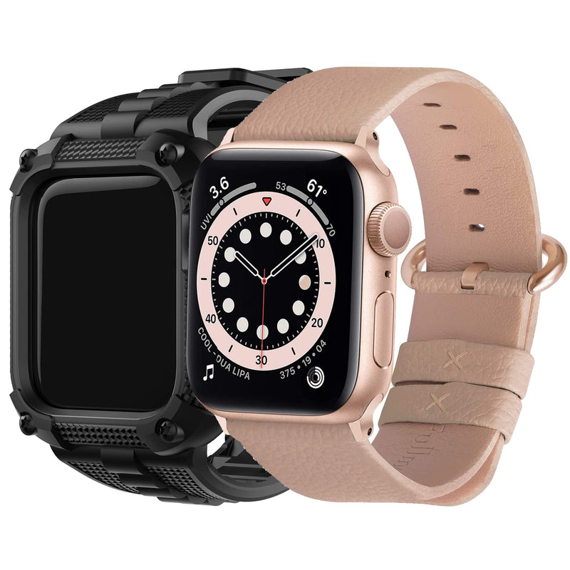 Fullmosa Compatible Stainless Steel Apple Watch Band 40mm Black with case & Compatible Leather Apple Watch Band 40mm Beige