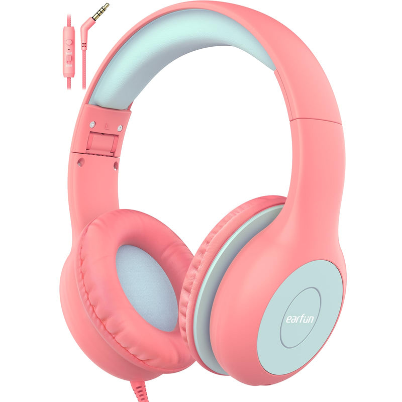 EarFun Kids Headphones Wired with Microphone, 85/94dB Volume Limit Headphones for Kids, Portable Wired Headphones with Shareport, Stereo Sound Foldable Headset for School/Tablet/iPad/Kindle Pink Pink Blue