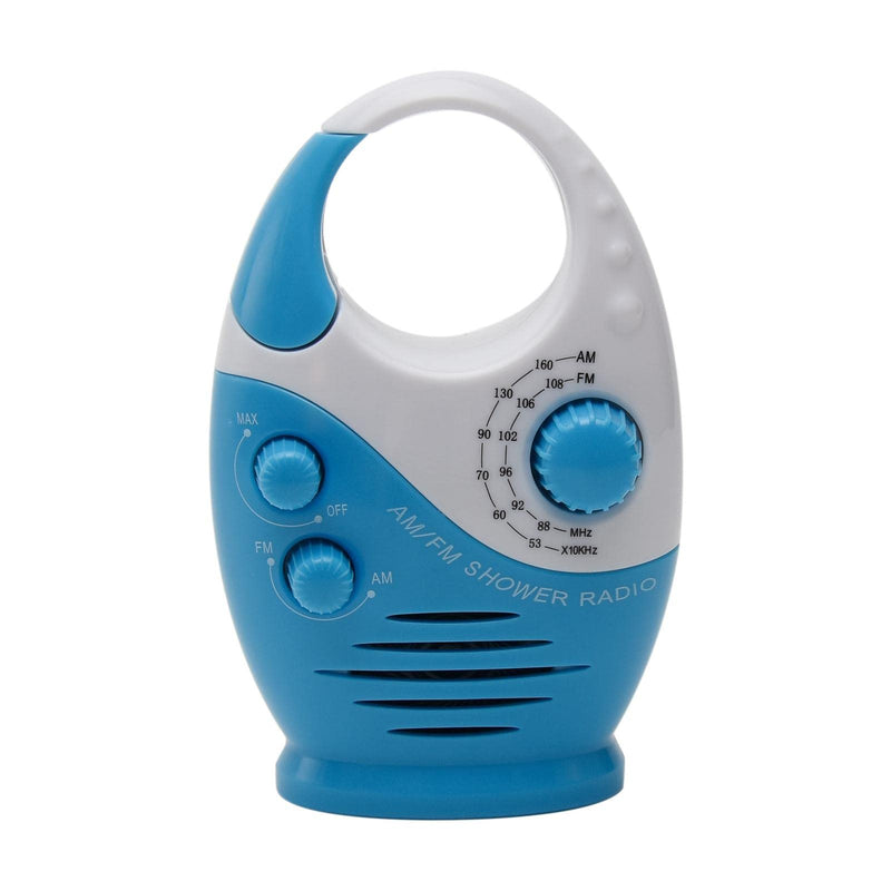 Shower Radio, AM/FM Button Bathroom Radio with Top Handle, Waterproof Hanging Shower Radio Speaker Adjustable Volume Music Player for Home Party Outdoor Travel Hiking(White & Blue) white & blue