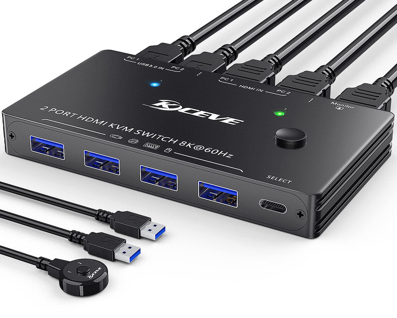 8K USB 3.0 KVM Switch HDMI 2 Port 8K@60Hz 4K@120Hz,Camgeet HDMI 2.1 KVM Switch for 2 Computers Share 1 Monitor and 4 USB 3.0 Devices,HDCP 2.3, HDR 10,with Wired Remote and 2 USB3.0 Cable