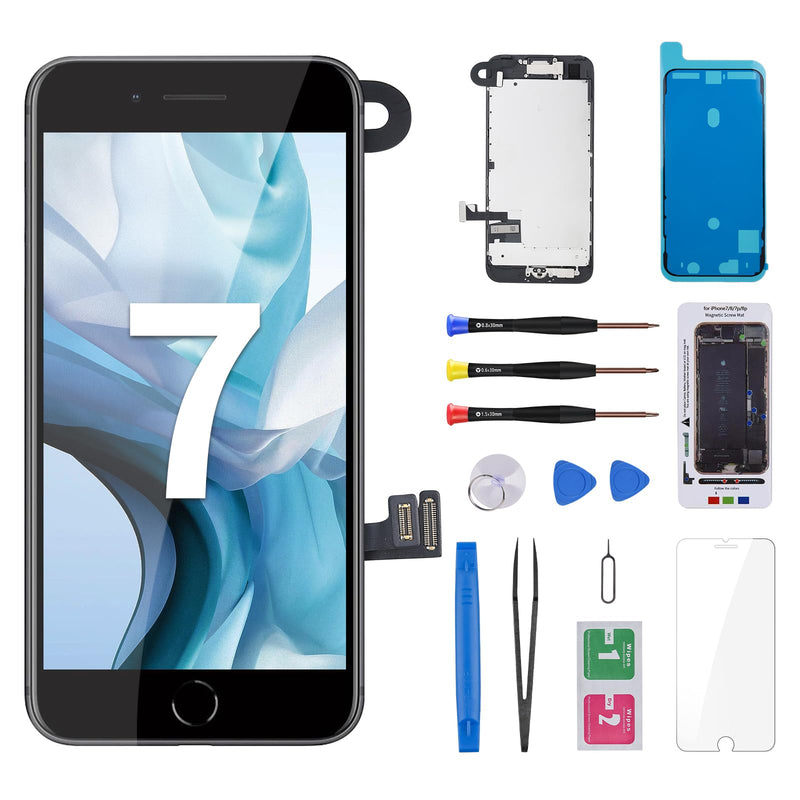 for iPhone 7 Screen Replacement Black with Home Button 4.7" 3D Touch LCD Display Digitizer Full Assembly with Front Camera Ear Speaker Front Glass Fix Tools Repair Kit for A1660, A1778, A1779