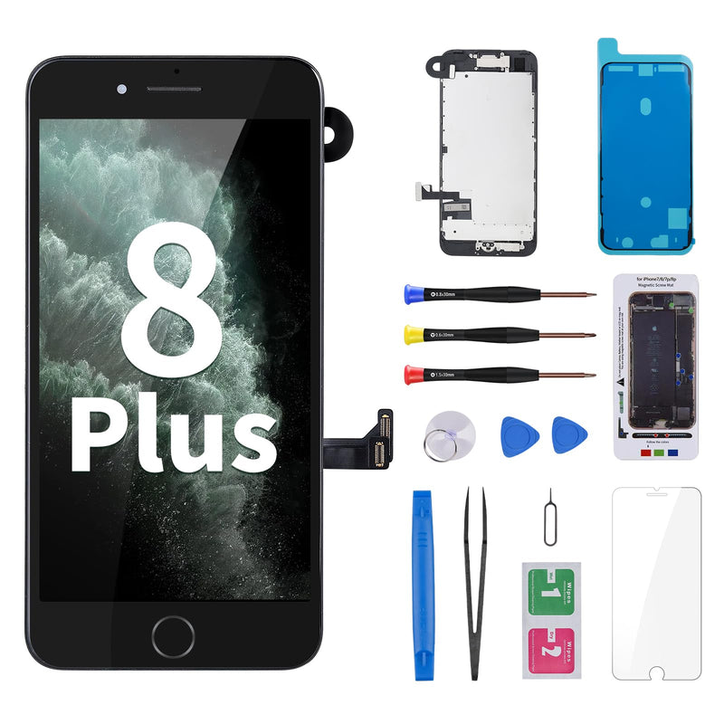 for iPhone 8 Plus Screen Replacement with Home Button Black Repair Kit 3D Touch LCD Display Digitizer Full Assembly with Front Camera Ear Speaker Sensor Glass Fix Tool 8plus 5.5" for A1864 A1897 A1898