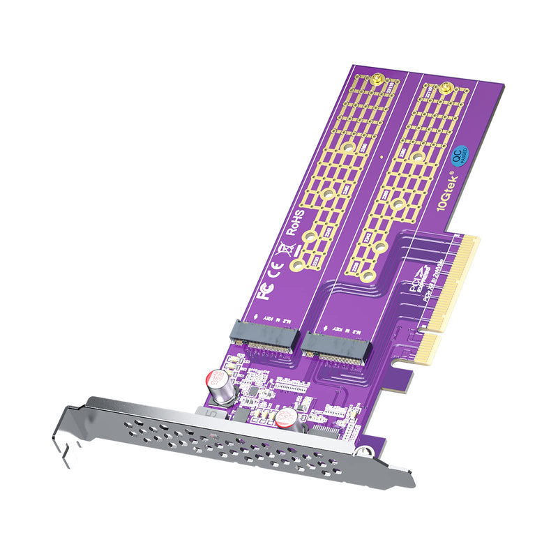 2-Port M.2 NVMe Adapter M-Key, PCIe X8 Gen3. Requires Motherboard BIOS Support for Bifurcation, Support SSD 22110 and Below Size Bifurcation not supported PCIe X8 to (2) M.2, 22110