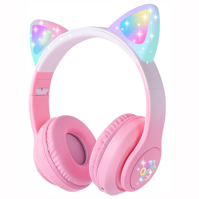 HOYJACY Cat Ear Kids Bluetooth Headphones for Girls Children Teens, LED Light Up Wireless/Wired Mode Foldable Stereo Girls Headphones with Built-in Mic for School Birthday Xmas Gift (Pink) Pink