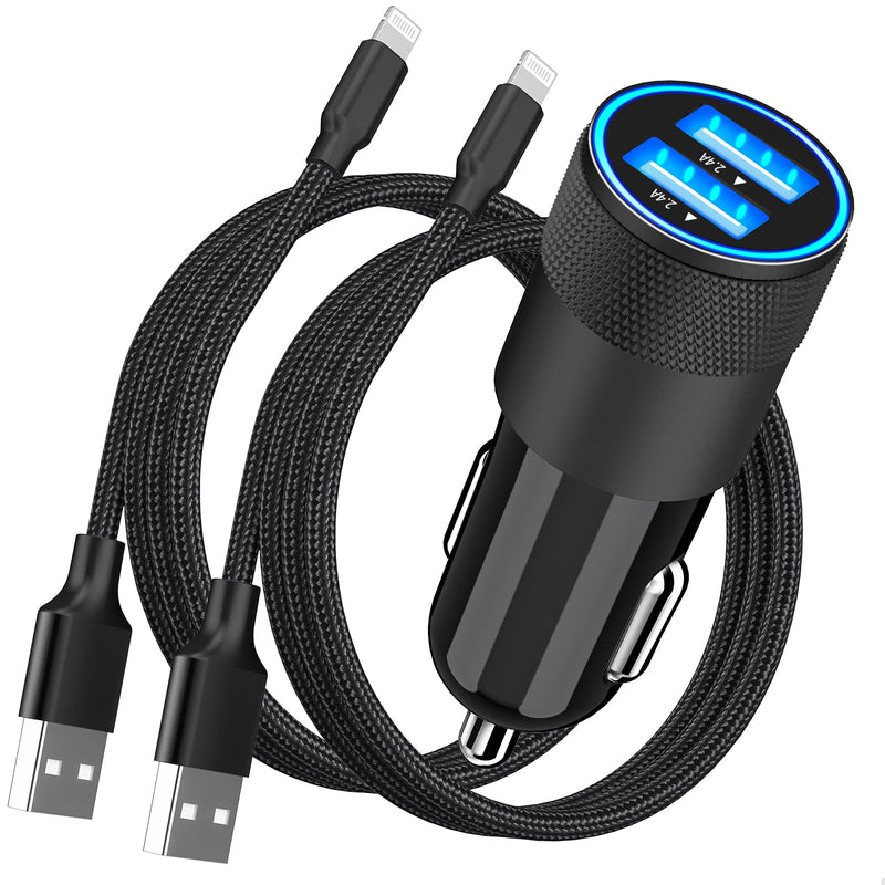 【MFi Certified】iPhone Fast Car Charger, Rombica 4.8A Dual USB Smart Power Cigarette Lighter USB Car Charger + 2Pack Lightning to USB Braided Cable for iPhone 14 13 12 11 Pro/XS Max/Mini/XR/SE/X/8/iPad Carbon Fiber Black