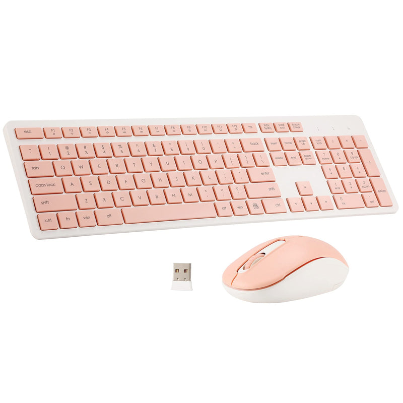 Wireless Keyboard and Mouse Combo, 2.4G Silent Cordless Wireless Keyboard Mouse Combo for Windows Chrome Laptop Computer PC Desktop, 106 Keys Full Size with Number Pad, 1600 DPI Optical Mouse (Pink) Pink