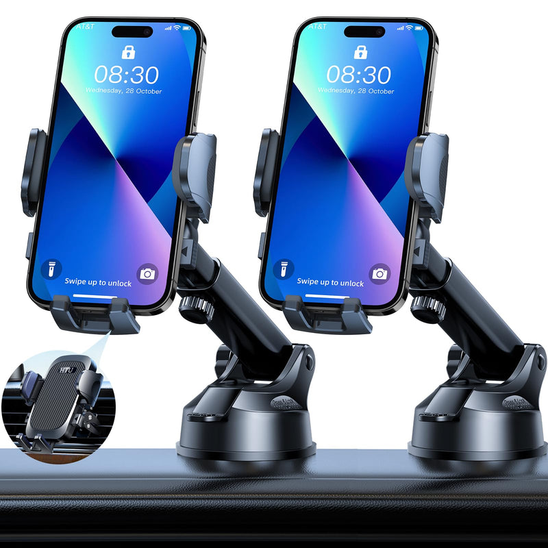 HTU Ultimate Best【Military-Grade & Safety Cert】 Universal Car Phone Holder | Cell Phone Car Mount Truck Car Mount for Dashboard Windshield Air Vent for iPhone 17 16 Pro Max, Samsung, 2pcs, Black