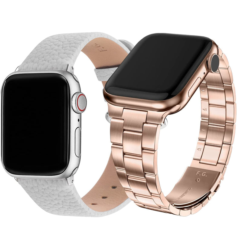 Fullmosa Compatible Leather Apple Watch Band 38mm 40mm 41mm White & Compatible No Tool Metal Apple Watch Band 41mm 40mm 38mm,Rose Gold