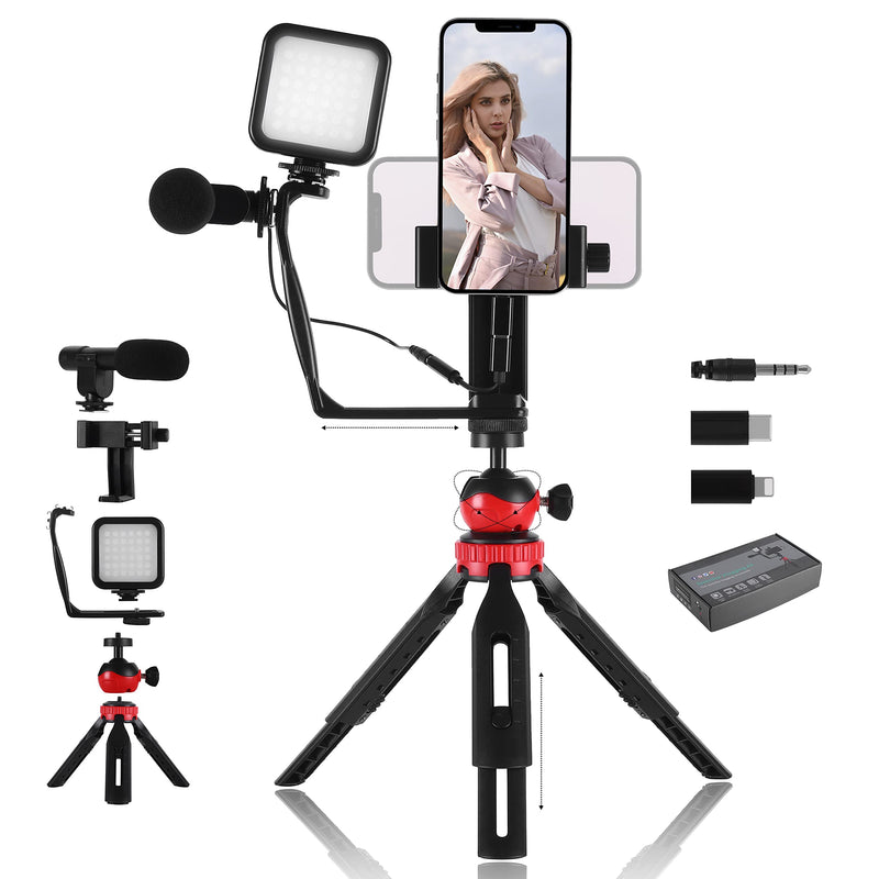 Vlogging Kit for iPhone Android: YouTube Starter Kits Vlog Video Recording Equipment - Accessories: Phone Tripod, Phone Mount, LED Light and Microphone - Black