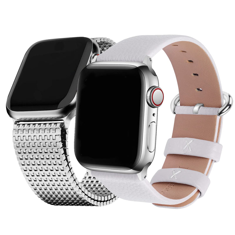 Fullmosa Compatible Meshl Apple Watch Band 38mm/40mm/41mm Silver with Case & Compatible Leather Apple Watch Band 38mm/40mm/41mm,White