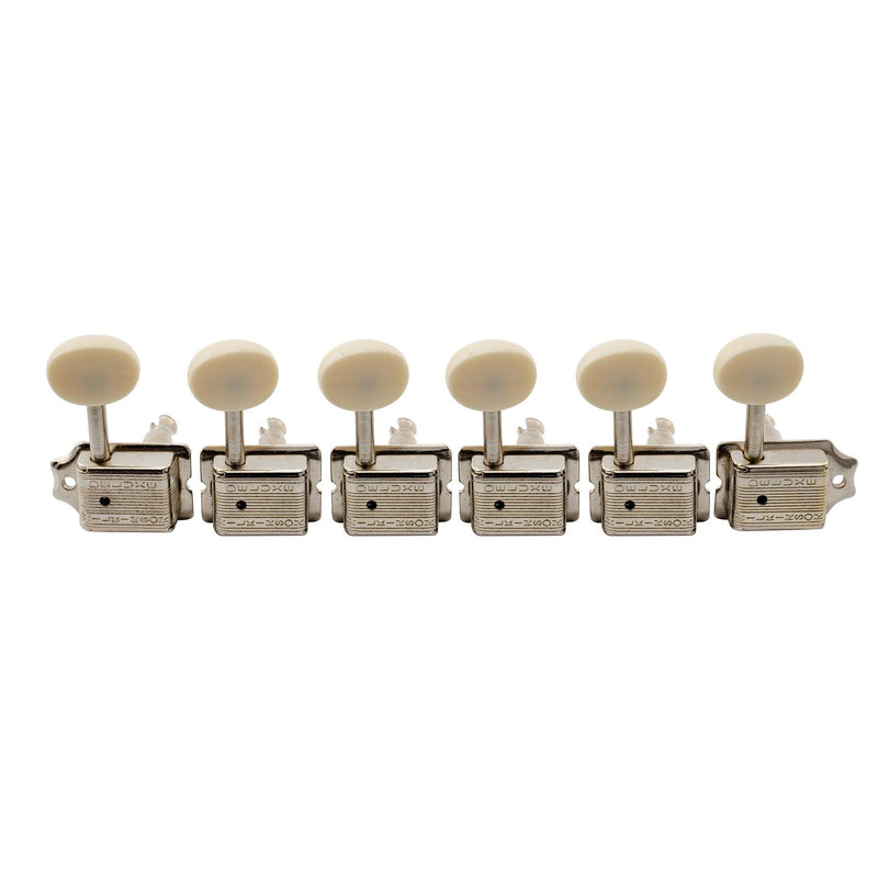 Wilkinson Deluxe WJ55 Vintage 6 Inline Guitar Tuners Split Post Machine Heads Tuning Pegs Keys for Classic Vibe Fender Strat/Tele Style Electric Guitar, Nickel with Off White Button