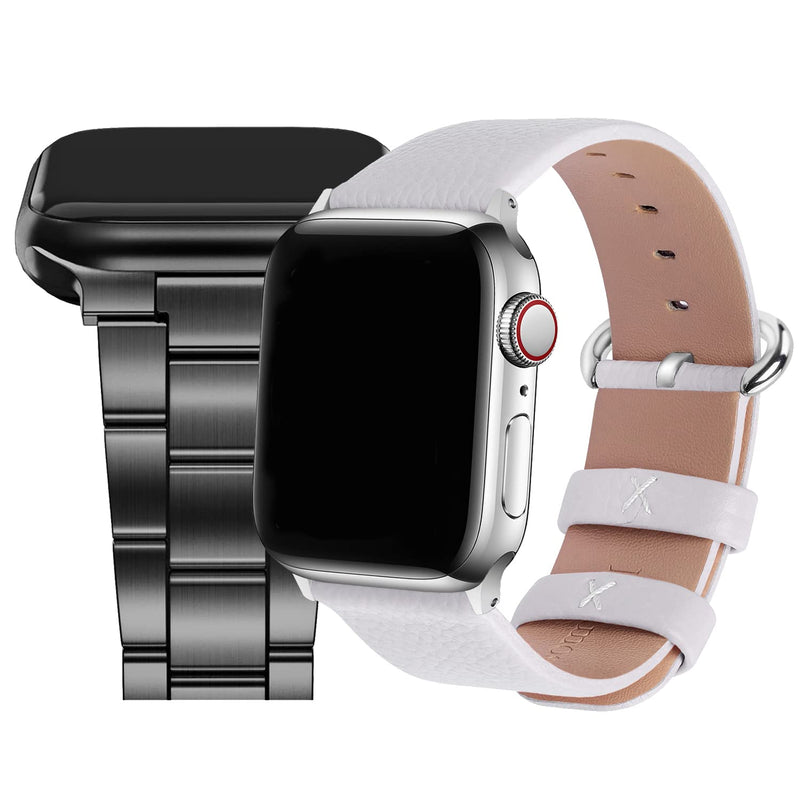 Fullmosa No-Tool Needed Compatible Apple Watch Band with Case 49mm 45mm 44mm 42mm Black Leather Apple Watch Band 44mm 42mm 45mm White