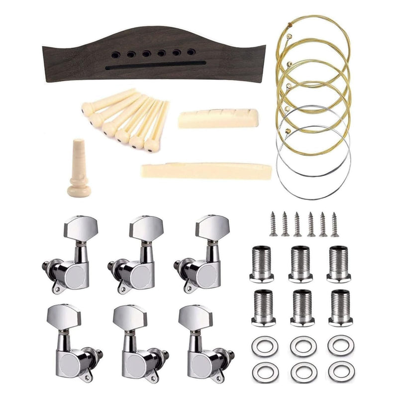 [AUSTRALIA] - Guitar Parts Accessories Set Guitar Rosewood Bridge Pins Saddle Nut Tuning Pegs (3 Left + 3 Right) 6 String Replacement for Acoustic Guitar Silver B 