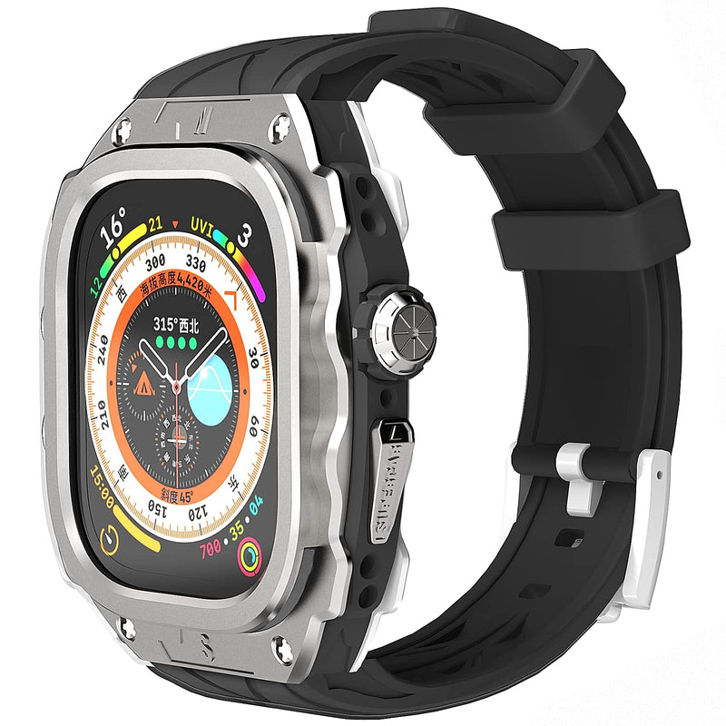 Luxury Metal Case for Apple Watch Ultra 49mm Band with Cover Heavy Duty Rugged Case Silicon Strap for men Full Protective Cover Silver Knight