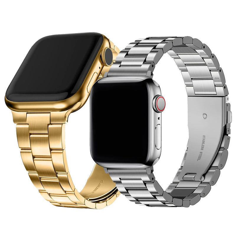 Fullmosa No-Tool Needed Band Compatible Apple Watch Band with Case 49mm 45mm 44mm 42mm Golden & Stainless Steel iWatch Band with Case 42mm 44mm 45mm Silver
