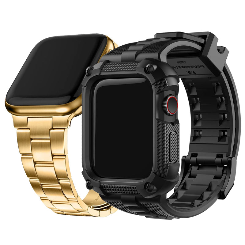 Fullmosa No-Tool Needed Band Compatible Apple Watch Band with Case 41mm 40mm 38mm Golden & Rugged iWatch Band Silicone with Screen Protector and Bumper Case for Men (40mm, Black)
