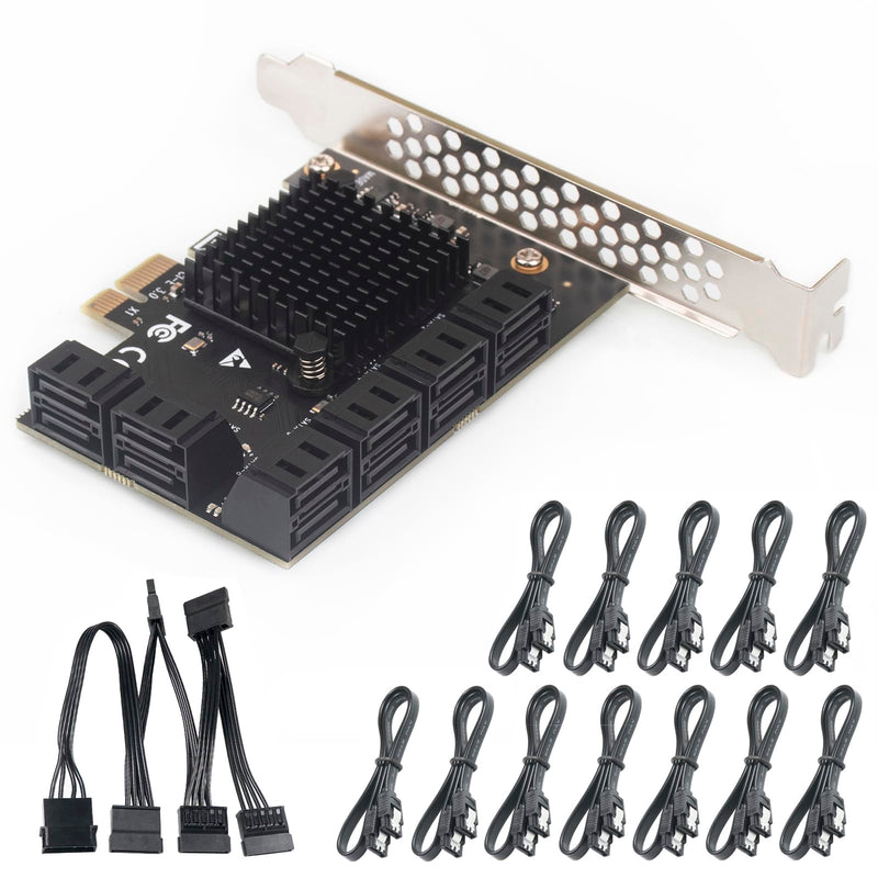 PCIe x1 to 12-Port SATA3.0 Expansion Card,6Gbps SATA Adapter for SSD/HDD, Plug and Play with 12 Status LEDs, Compatible with Windows/Linux/Ubuntu/ESXi/Synology NAS (with SATA Cables) 12 ports + ordinary SATA cable
