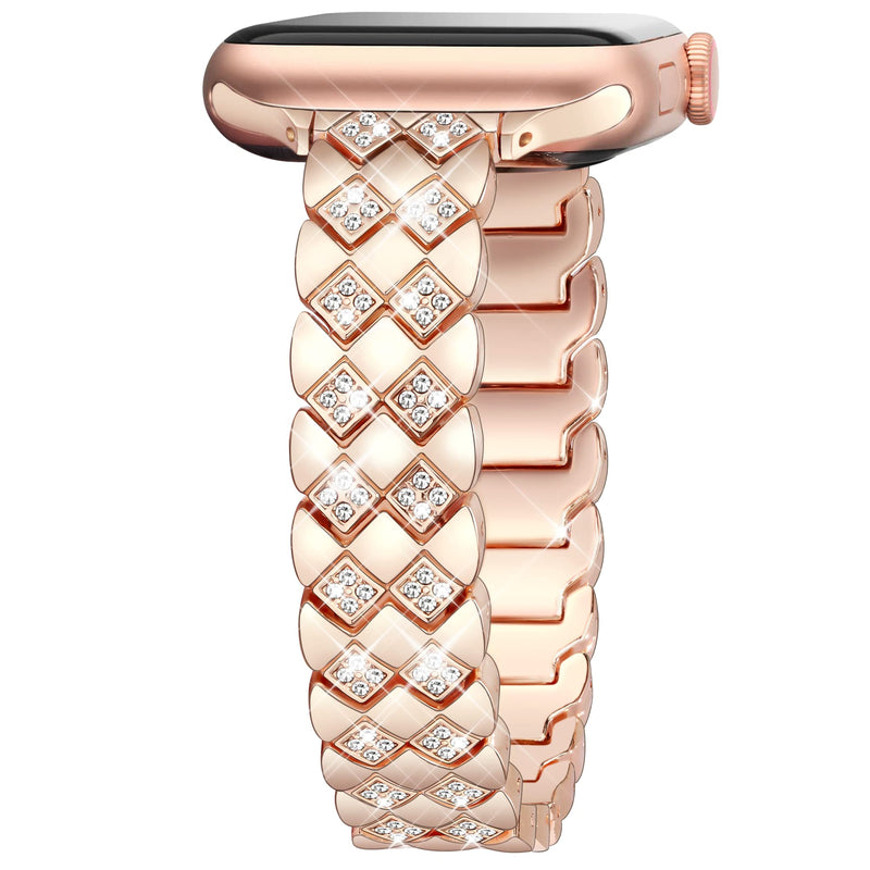 Exquisite Diamond Rhombus Band for Rose Gold Apple Watch Band 49mm 45mm 44mm 42mm, Fashion Shiny Band for Women, Elegant Alluring Metal Bracelet for iWatch Series 8/7/6/5/4/3/2/1/SE Ultra-Rose Gold