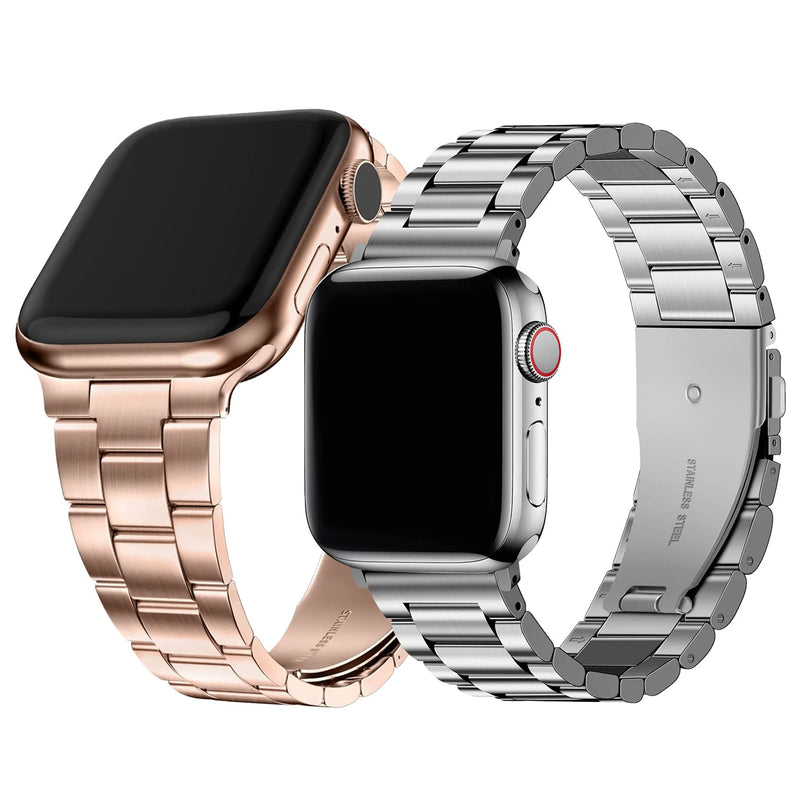 Fullmosa No-Tool Needed Band Compatible Apple Watch Band with Case 49mm 45mm 44mm 42mm Rose Gold & Stainless Steel iWatch Band with Case 42mm 44mm 45mm Silver