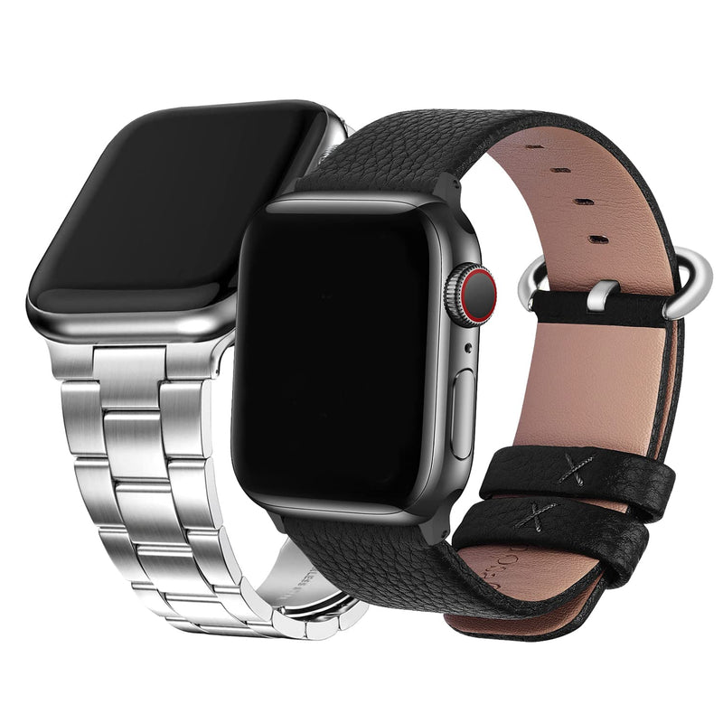 Fullmosa No-Tool Needed Band Compatible Apple Watch Band with Case 49mm 45mm 44mm 42mm Silver & Leather Apple Watch Band Strap with Silver Buckle 44mm 42mm 45mm Black
