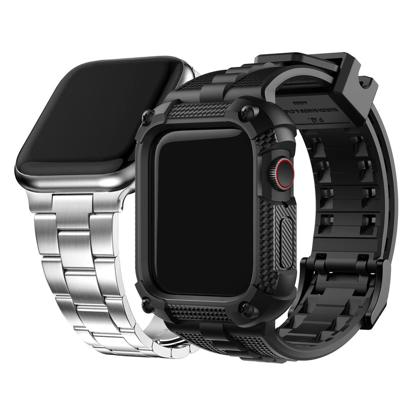 Fullmosa No-Tool Needed Band Compatible Apple Watch Band with Case 41mm 40mm 38mm Silver & Rugged iWatch Band Silicone with Screen Protector and Bumper Case for Men (40mm, Black)