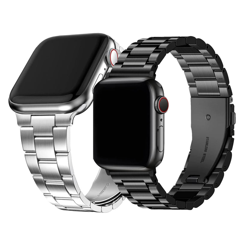 Fullmosa No-Tool Needed Band Compatible Apple Watch Band with Case 41mm 40mm 38mm Silver & Stainless Steel iWatch Band with Case Black