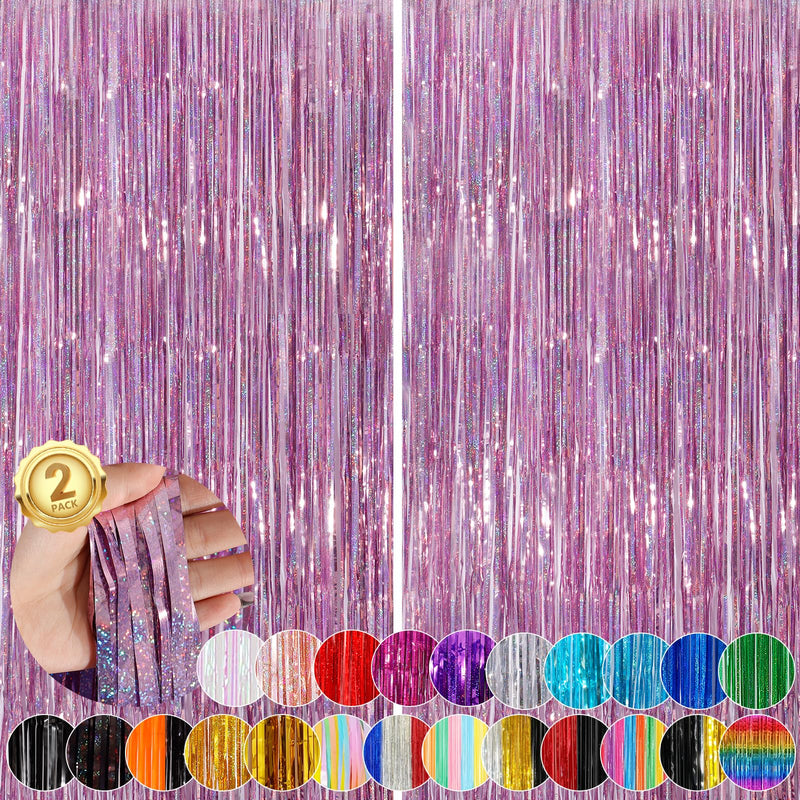 Glitter Pink Party Streamers 2Pack Glitter Foil Fringe Curtain 3.3 x 8.3ft Pink Party Decor Photo Booth Streamers Metallic Tinsel Door Streamer for XmasThanksgiving Engagement Party Decors Streamers Laser Pink Streamer