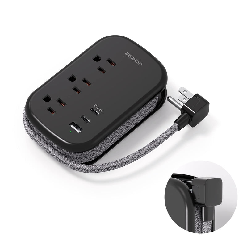 USB C Travel Power Strip, Ultra Flat Extension Cord, Flat Plug Power Strip, 3 Outlets with 3 USB Ports(2 USB C), 3.2ft Wrapped Around Extension Cord for Cruise Ship, Travel Essentials, Black