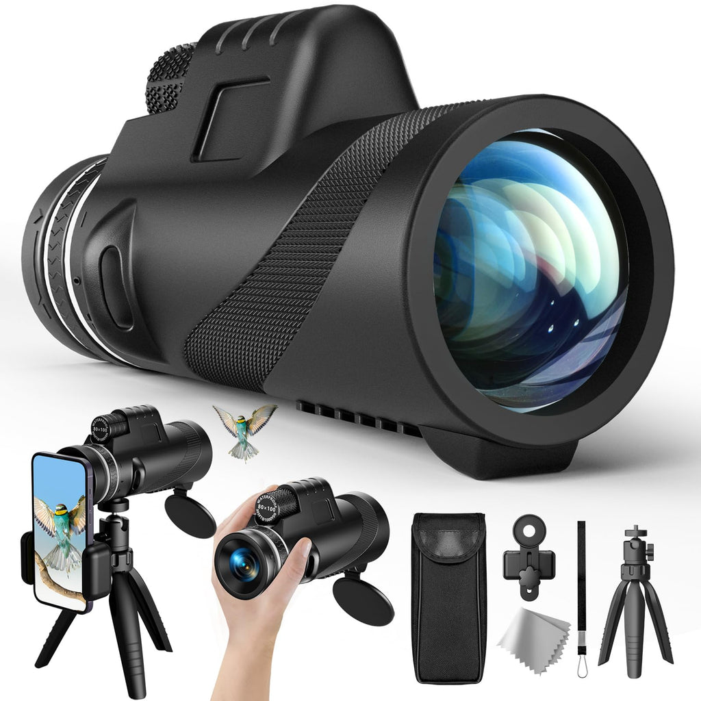 80x100 Monocular Telescope, Eullsi HD Monocular for Adults with Smartphone Adapter & Tripod, Compact Monocular for Bird Watching/Hiking/Camping/Travelling/Wildlife(Black)