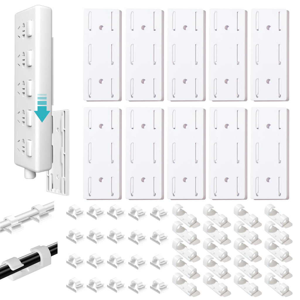 Adhesive Punch-Free Socket Holder, 10Pcs Power Stirp Holder and 40Pcs Cable Clips Kit, Self-Adhesive Power Strip Holder Wall Mount-Space-Saving and Easy to Install