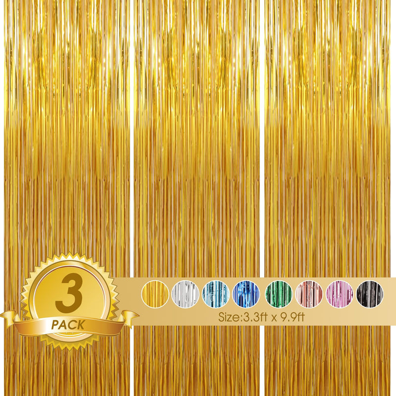 Birthday Party Decorations: 3 Pack 3.3 x 9.9 ft Gold Foil Fringe Curtains Party Supplies, Tinsel Curtain Backdrop for Parties/Birthday/Photo Booth