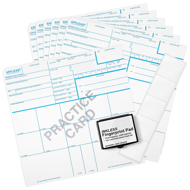 Made in USA - FD 258 Fingerprint Card 2025 Kit Full (6 Cards + 1 Practice Card) w/Reusable Ink Pad, Correction Tabs, Instructions FD258