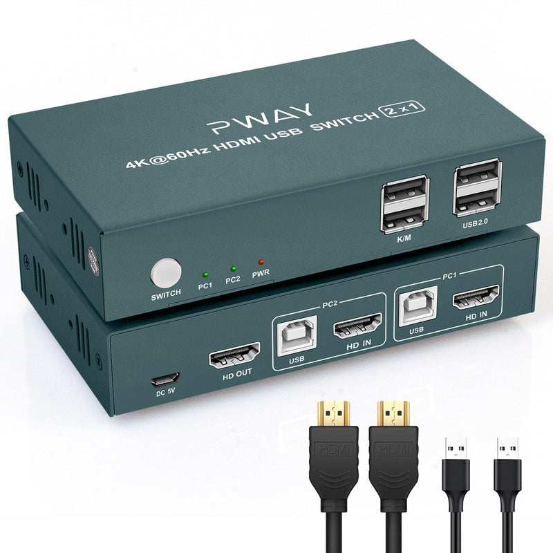 HDMI KVM Switch Two Computers One Monitor,2 Port KVM Switch USB2.0 Ultra HD 4K@60HZ Resolution，2 in 1 Out,Support Hotkeyboard,Plug and Play 2Port In