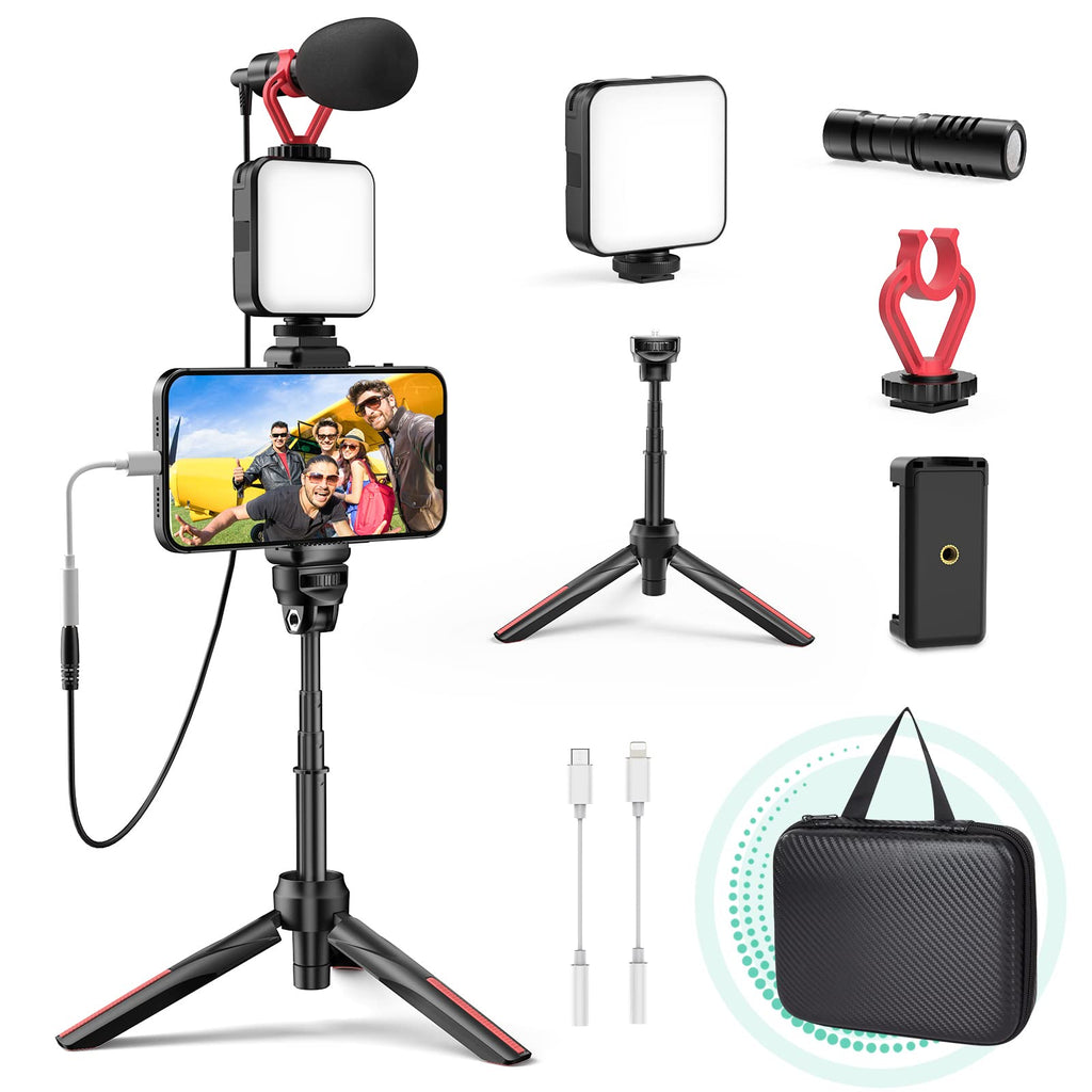 TECELKS Smartphone Video Vlogging Kit with Lightning and Type-C Adapters, YouTube Starter Kit with LED Light, Phone Holder, Microphone, Tripod, Compatible with iPhone/Android for TikTok/Recording