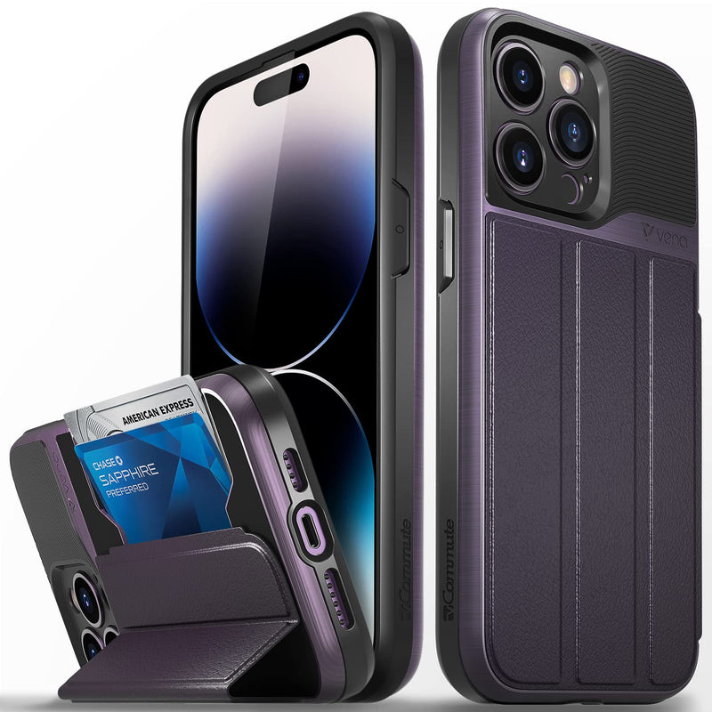 VENA vCommute Wallet Case Compatible with Apple iPhone 14 Pro Max (6.7"), (Military Grade Drop Protection) Flip Leather Cover Card Slot Holder with Kickstand - Deep Purple/Black