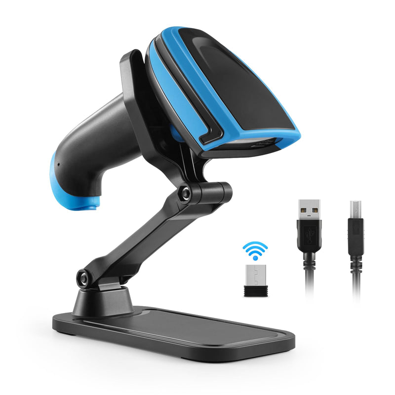 [AUSTRALIA] - Barcode Scanner Wireless, 1D Laser Barcode Reader with Stand 2.4G Wireless & USB Wired Connection 2 in 1 Plug and Play Handheld Bar Code Scaners 1D Blue 