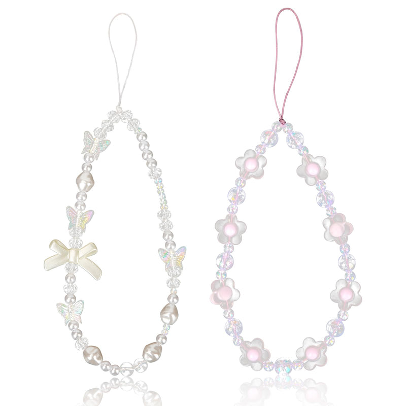 2pcs Beaded Phone Bracelet Strap, Crystal Butterfly Flower Pearl Phone Beaded Wrist Strap Phone Bracelet Lanyard for Women Phone Keychain Charm (White, Purple)