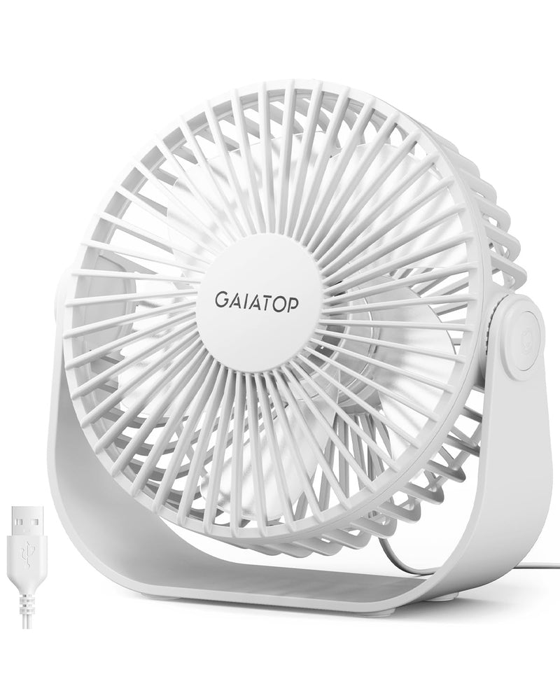 Gaiatop USB Desk Fan, 3 Speeds Portable Small Fan with Strong Airflow, 5.5 Inch Quiet Table Fan, 90° Rotate Personal Cooling Fan For Bedroom Home Office Desktop Travel (White) White