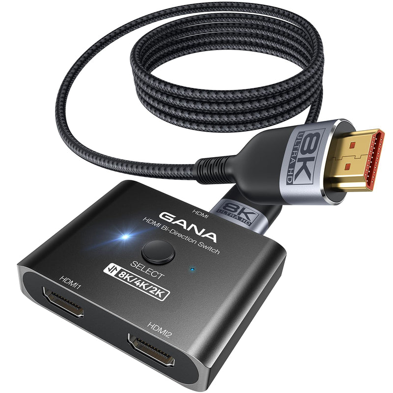 GANA HDMI 2.1 Switch, Ultra HD 8K Bi-Directional HDMI Splitter Switcher Support 4K@120Hz, 8K@60Hz【with 4.9FT HDMI Cable】, Aluminum HDMI Selector for PS5/PS4, Xbox, Roku, TV, Fire Stick Dark Black