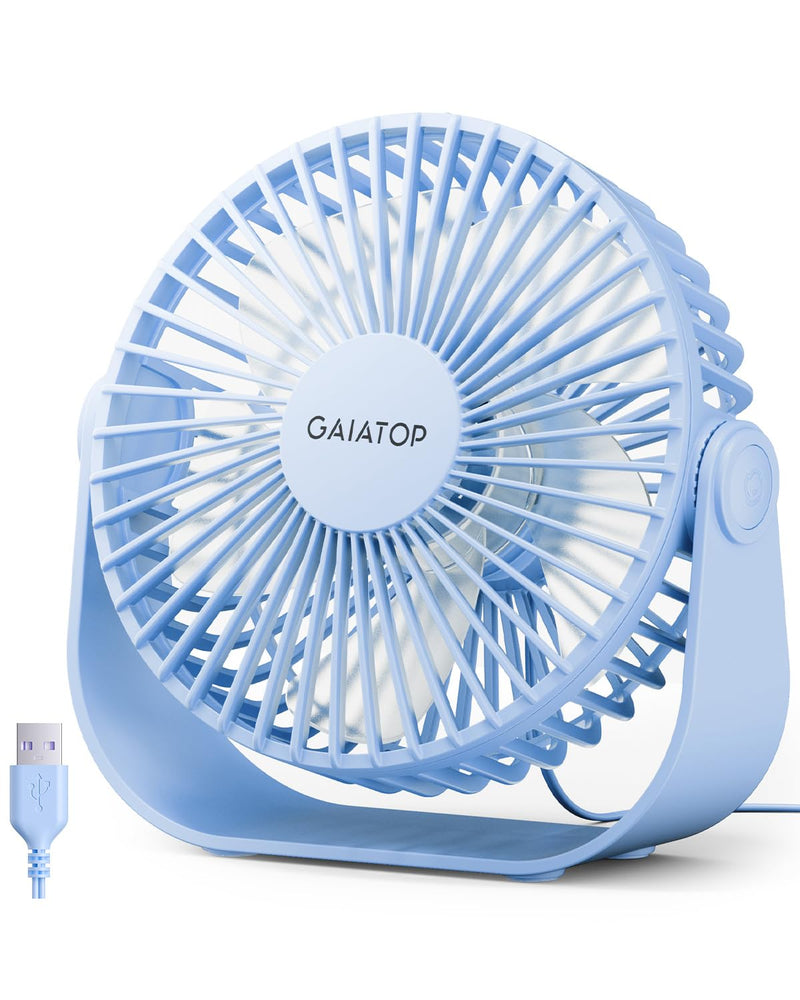 Gaiatop USB Desk Fan, 3 Speeds Portable Small Fan with Strong Airflow, 5.5 Inch Quiet Table Fan, 90° Rotate Personal Cooling Fan For Bedroom Home Office Desktop Travel (Blue) Blue