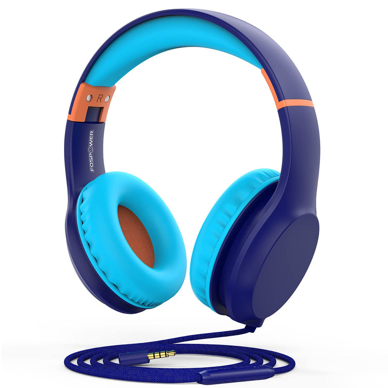 FosPower Kids Headphones (Safe Volume Limit 85 dB) Childrens Headphones Over The Ear, Built-in Mic, 3.5mm Tangle-Free Cable for Boys/Girls/iPad/Smartphones/PC/Kindle/Tablet/Laptop/School - Blue/Orange Blue / Orange