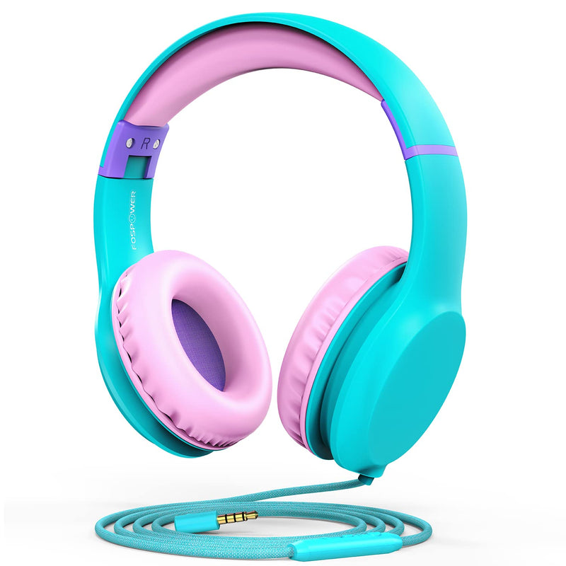 FosPower Kids Headphones (Safe Volume Limit 85 dB) Childrens Headphones Over The Ear, Built-in Mic, 3.5mm Tangle-Free Cable for Boys/Girls/iPad/Smartphones/PC/Kindle/Tablet/Laptop/School - Mint/Pink Mint / Pink