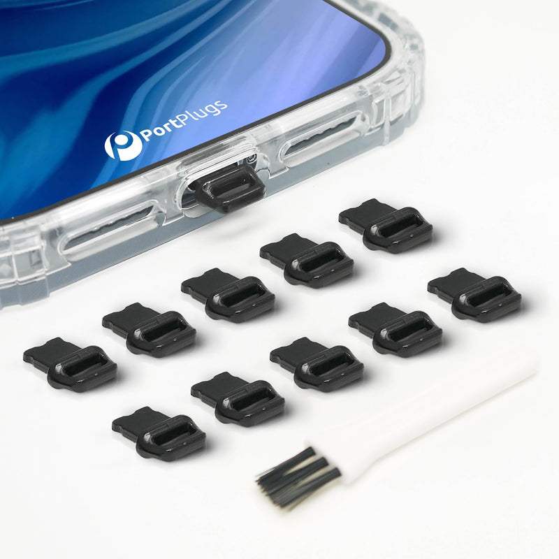 Dust Plugs (10-Pack) Easy-Grip Tab, Compatible w/iPhone, iPad, AirPods Lightning Charge Port, Case-Friendly Protector - Includes Cleaning Tool (Black) Black 10 Pack